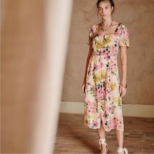 Sezane Cream Midi Dress with Pink and Green Floral Print